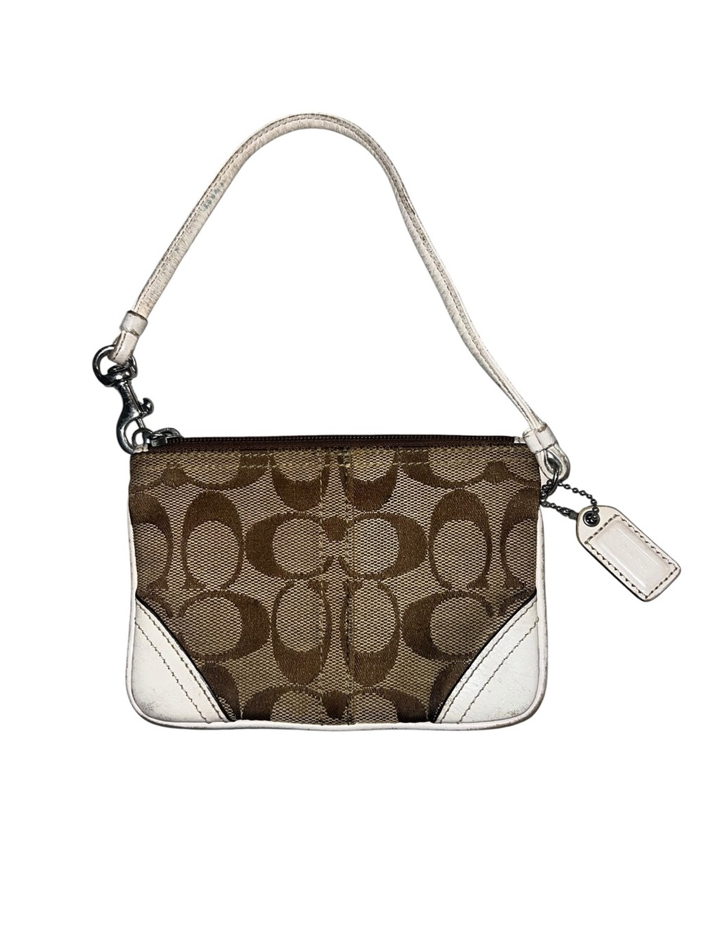 Coach Brown Signature Canvas Wristlet with White Leather Accents